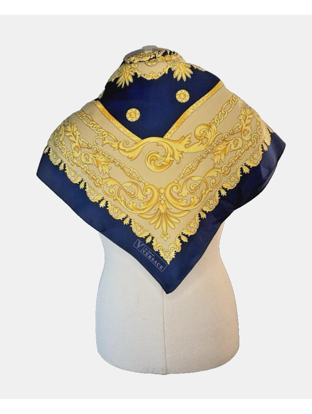 Vintage 1990's Alfredo Versace Baroque Blue Gold Silk Scarf 34" Sq EUC